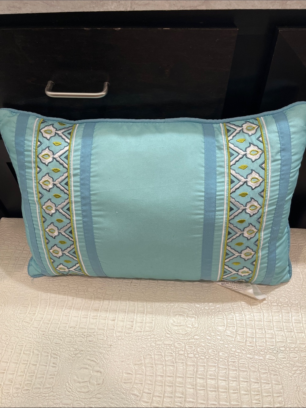 Madison Park Aqua Embroidered Accent Pillow can use for purse pillow to stuff it